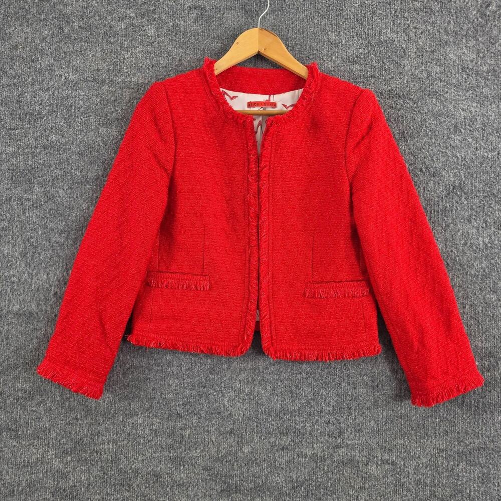 Alice + Olivia Red Textured Fringe-Trim Cropped Jacket